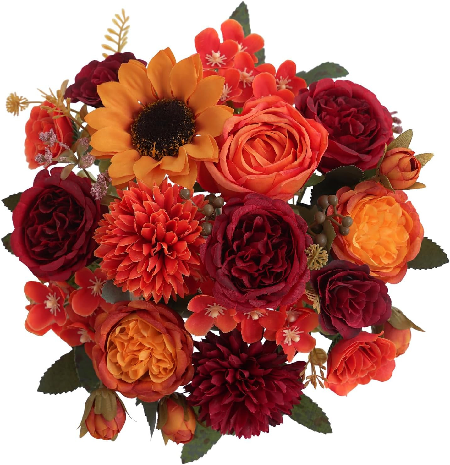 4 Pcs Mixed Autumn Artificial Peony Flower Set-2 Bouquets & 2 Stems, Burnt Orang