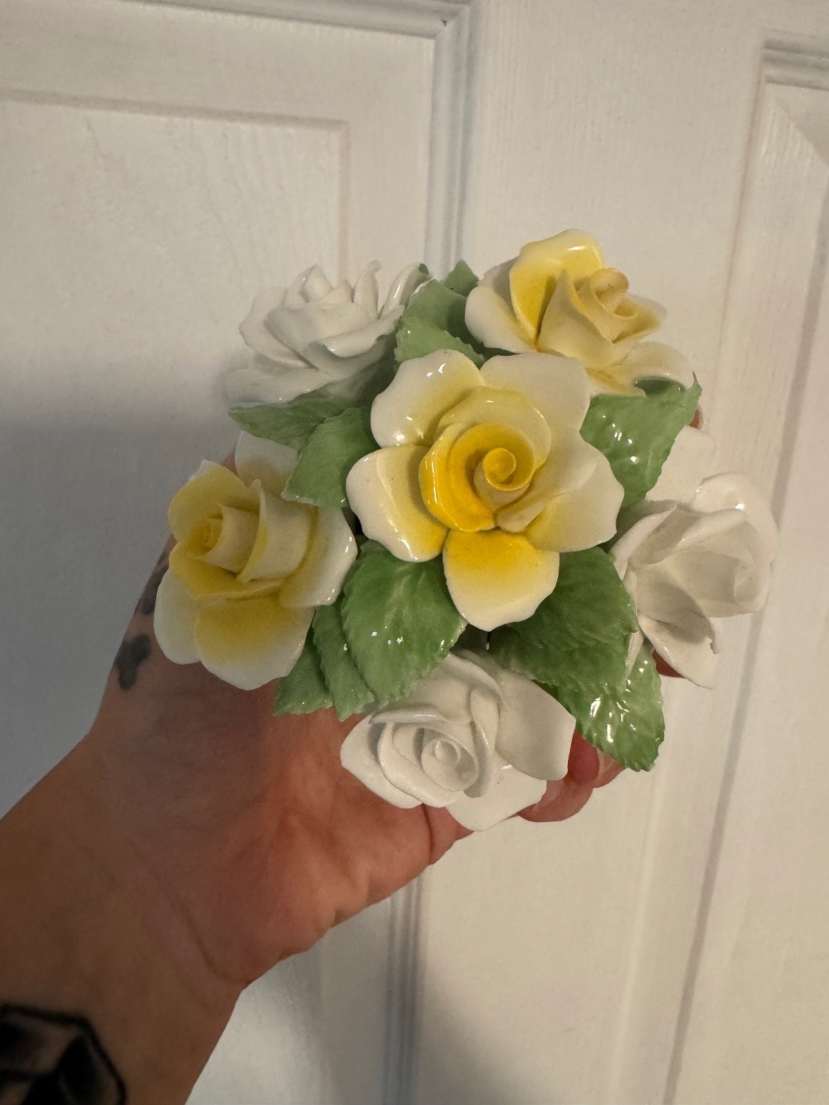 Vintage Ceramic Flower Bouquet Figurine with Yellow and White Roses