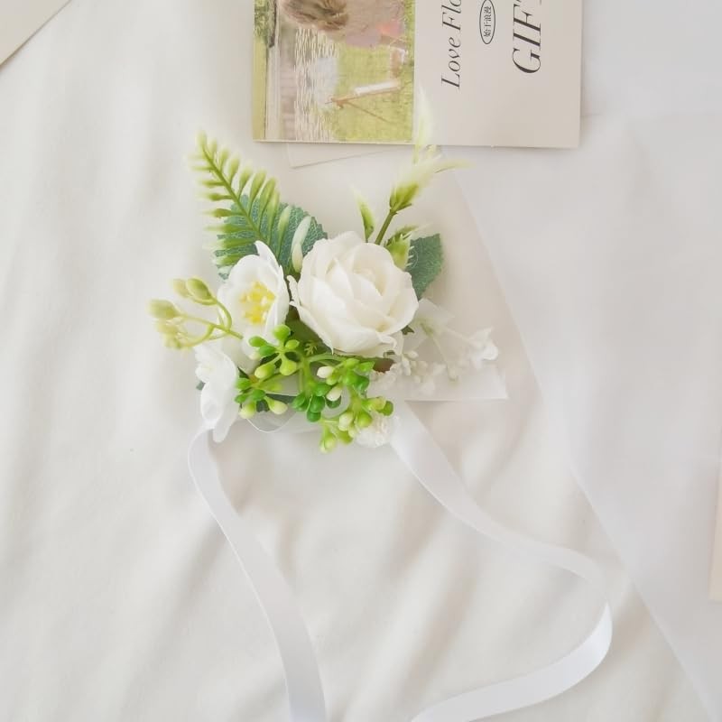 2 PCS White Green Rose Artificial Wedding Wrist Corsage Boutonniere Bridesmaid
