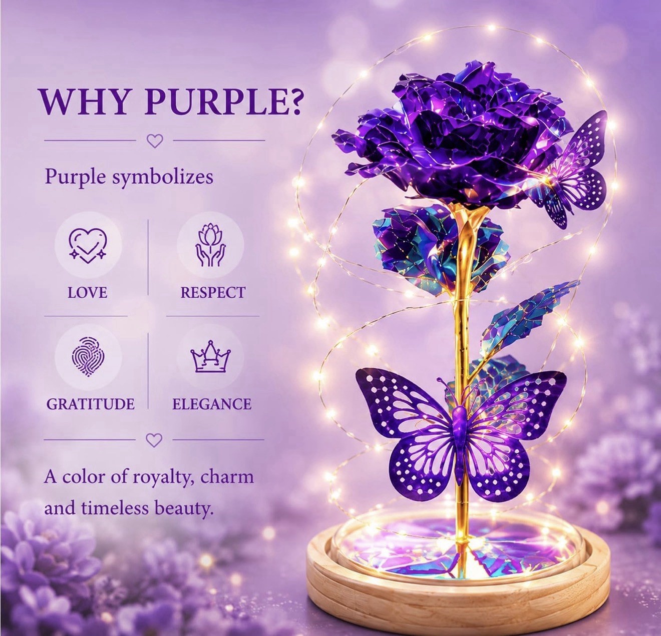 Purple Artificial Rose Arrangement in Glass Dome w/ Butterfly & LED Lights