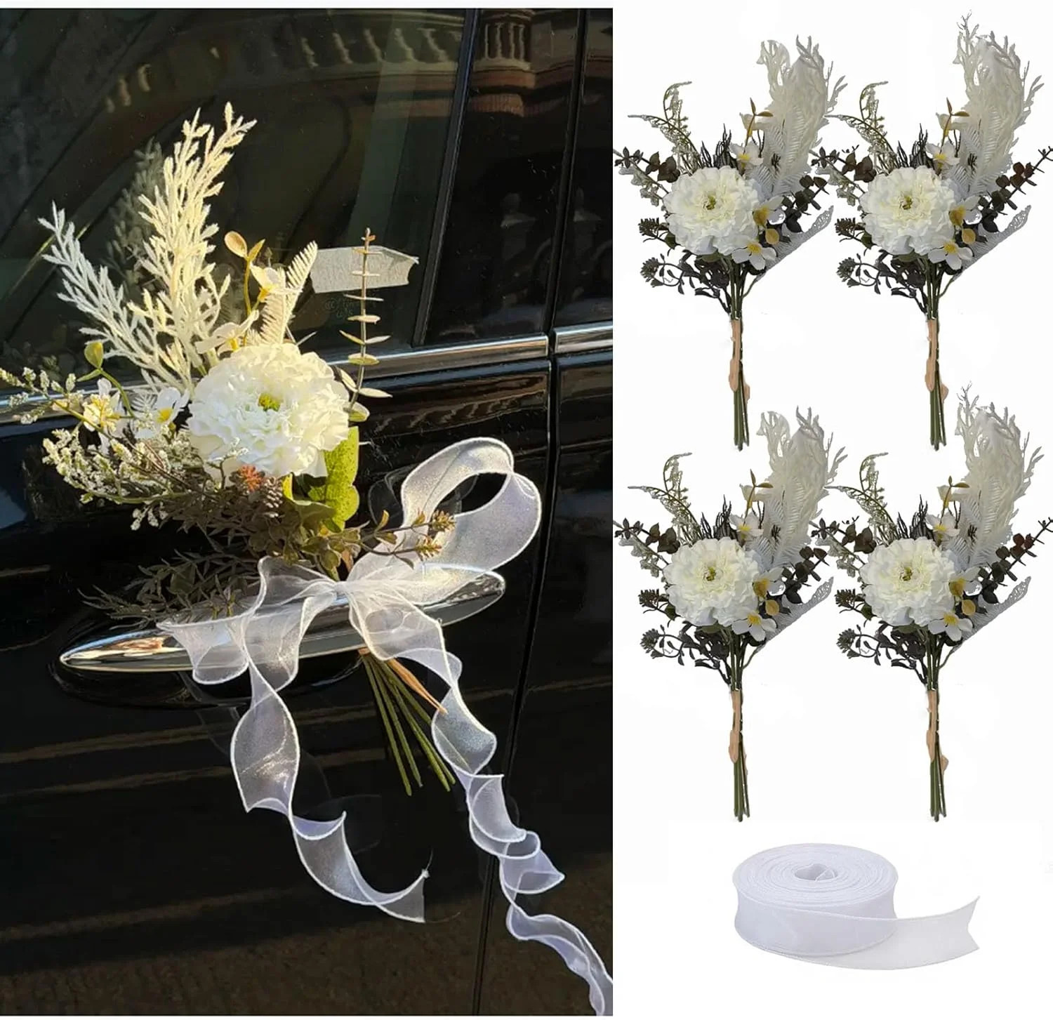 4pcs White Rose Wedding Car Decorations – Romantic Just Married Floral Accent fo