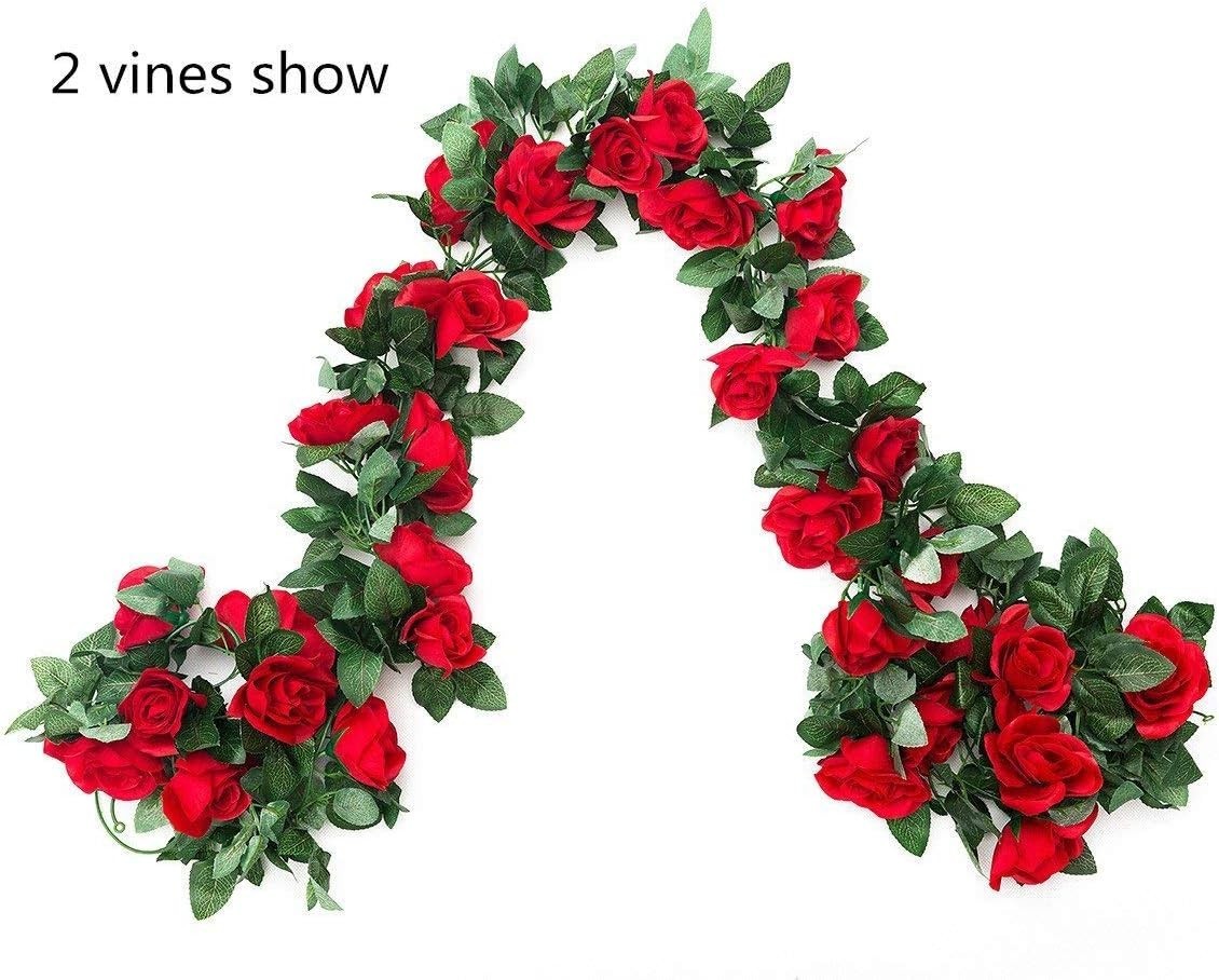Artificial Rose Vine Flowers Garland Red 16FT 2 Pack Indoor Outdoor Decor