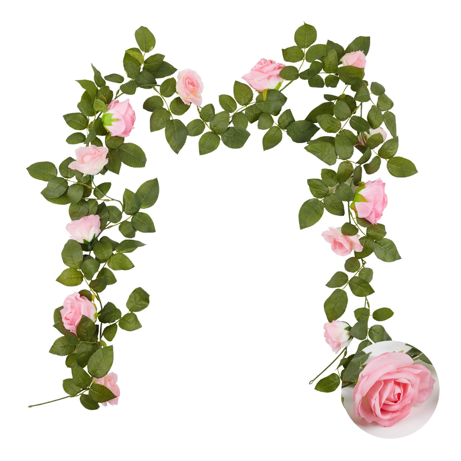 Artificial Rose Flowers Garland 6.56ft Pink Rose Vines, Hanging Rose Fake Flo…