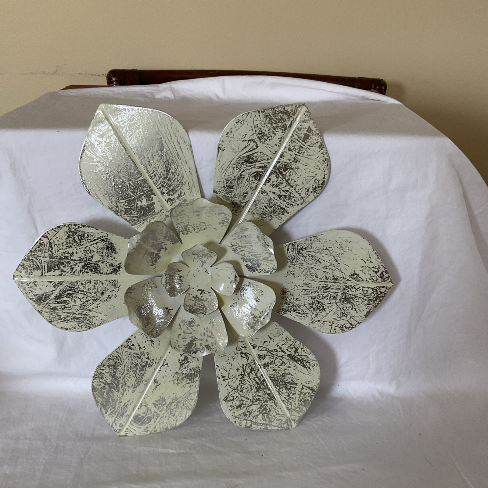 3 Layered Flower Petal Wall Decor In Silver & Off White 13” & 10” Dia Metal
