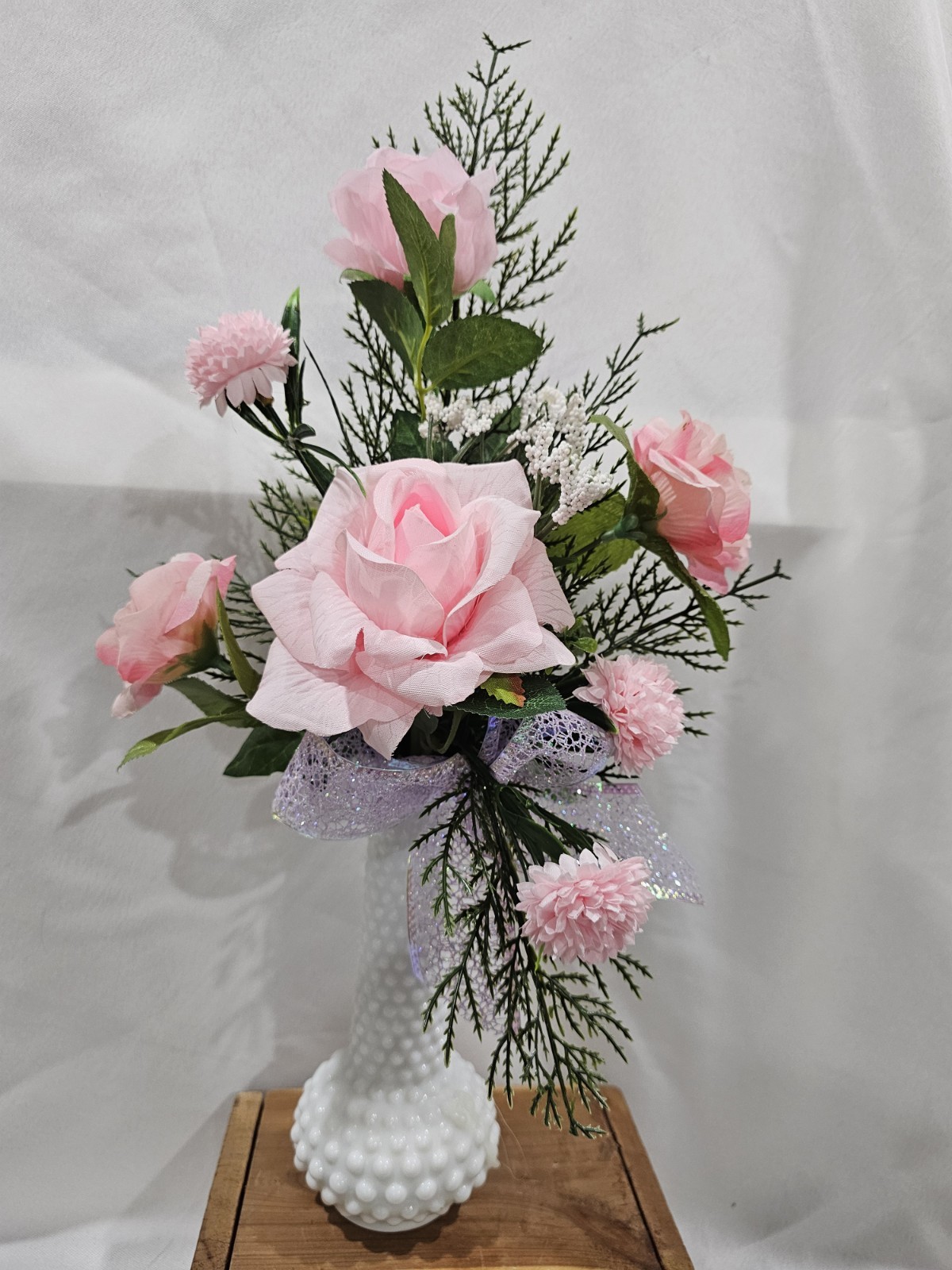 Artificial Pink Rose Flowers in beautiful Milkglass Hobnail Vase w/airy greenery