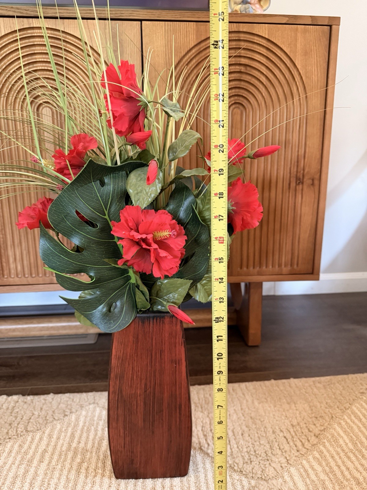 Large Tropical Silk Floral Arrangement Red Hibiscus Monstera Leaves Wood Vase