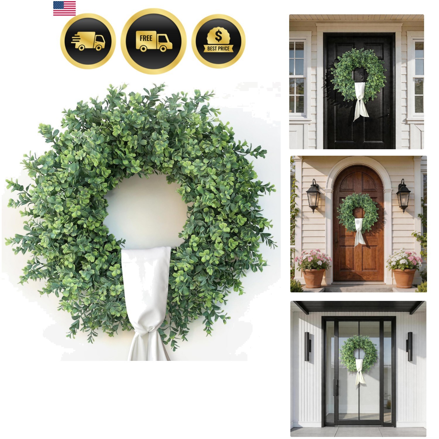 Artificial Boxwood Wreath Front Door Porch Wall Decor Greenery Outdoor Indoor