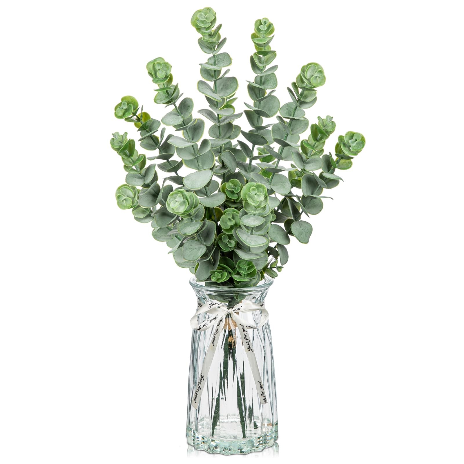 Artificial Eucalyptus Stems in Glass Vase with Faux Water, 20.4″ Fake Plant E…