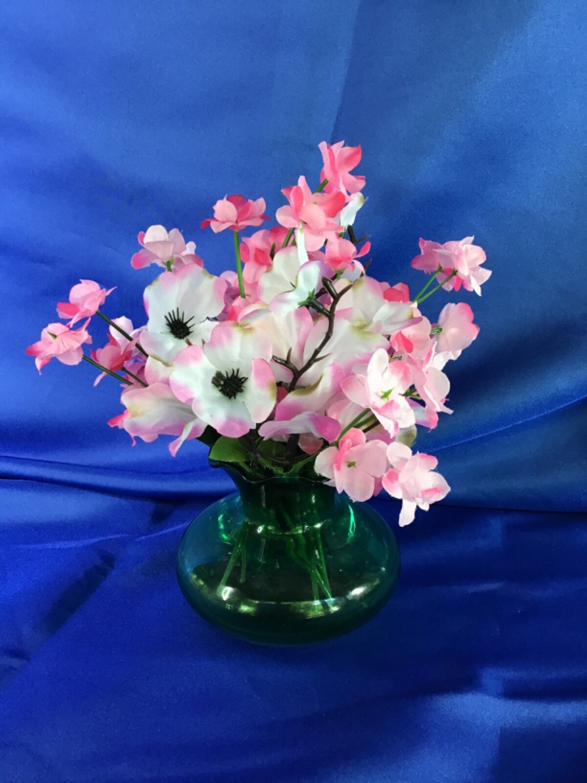 Vintage Small Green Vase with Pink & White Artificial Flower Arrangement