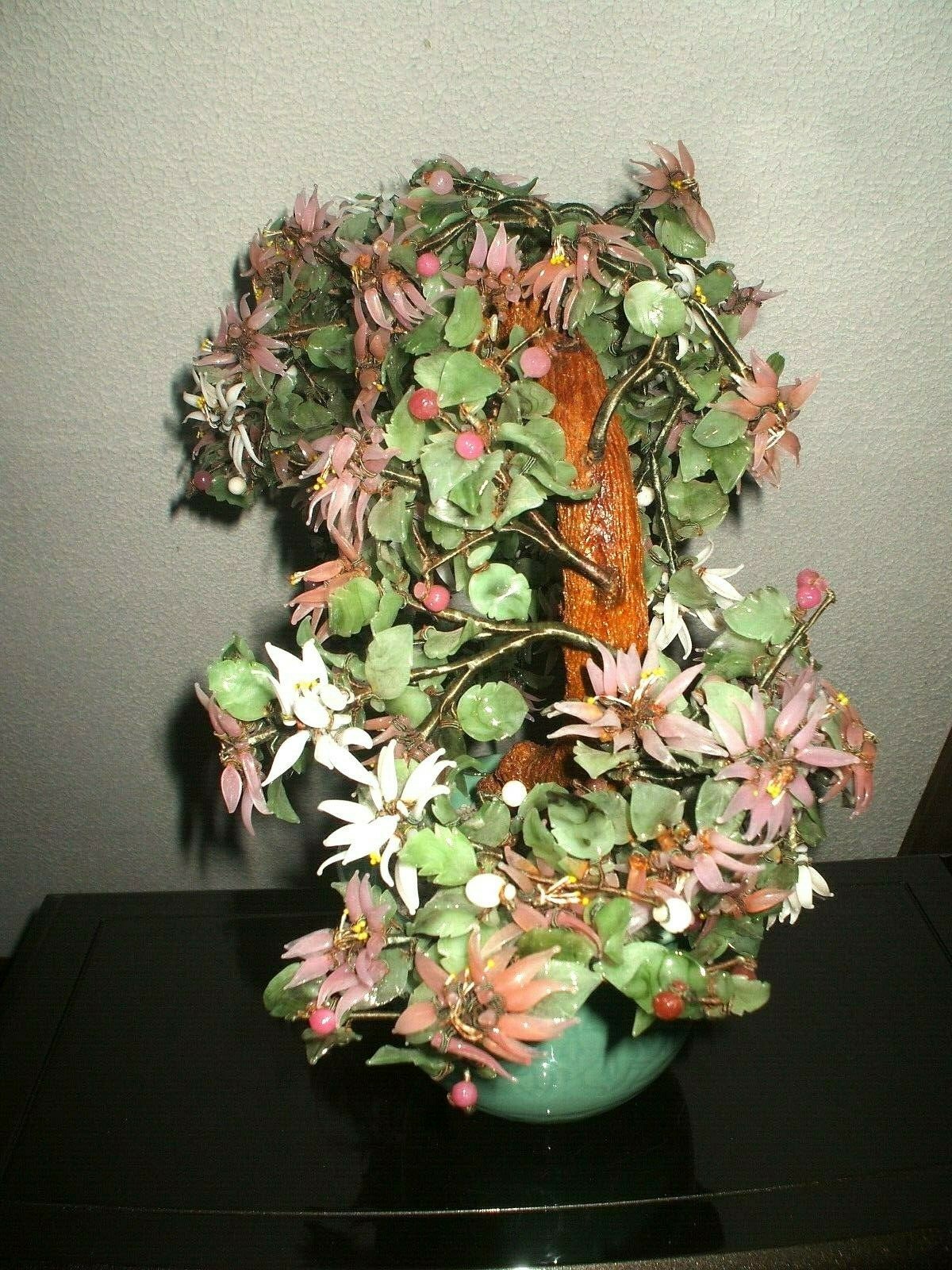 Vintage Flowering Cherry Blossom Bonsai Tree Jade Celadon Pot Handcrafted