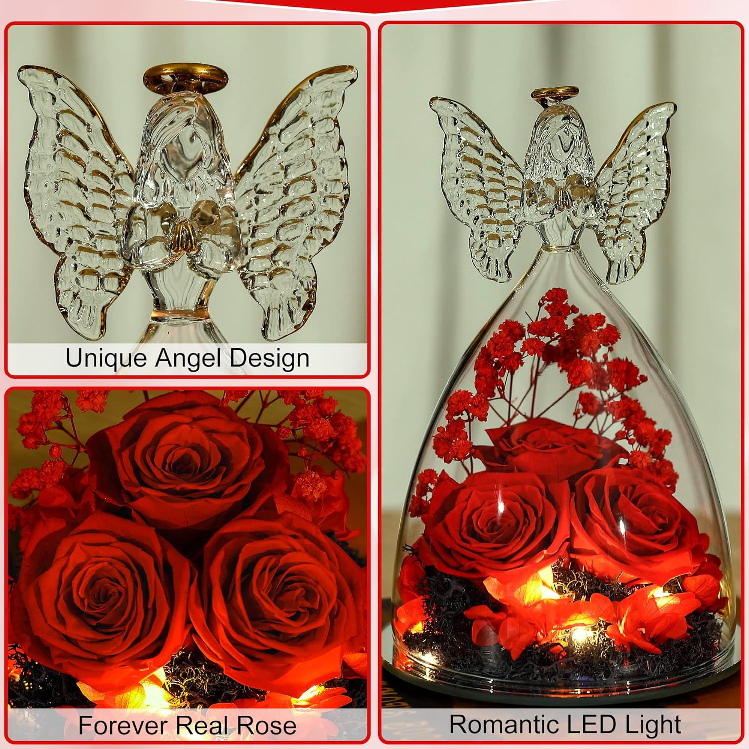 Mothers Day Rose Gifts for Women Preserved Real Flower in Glass Angel Figurines