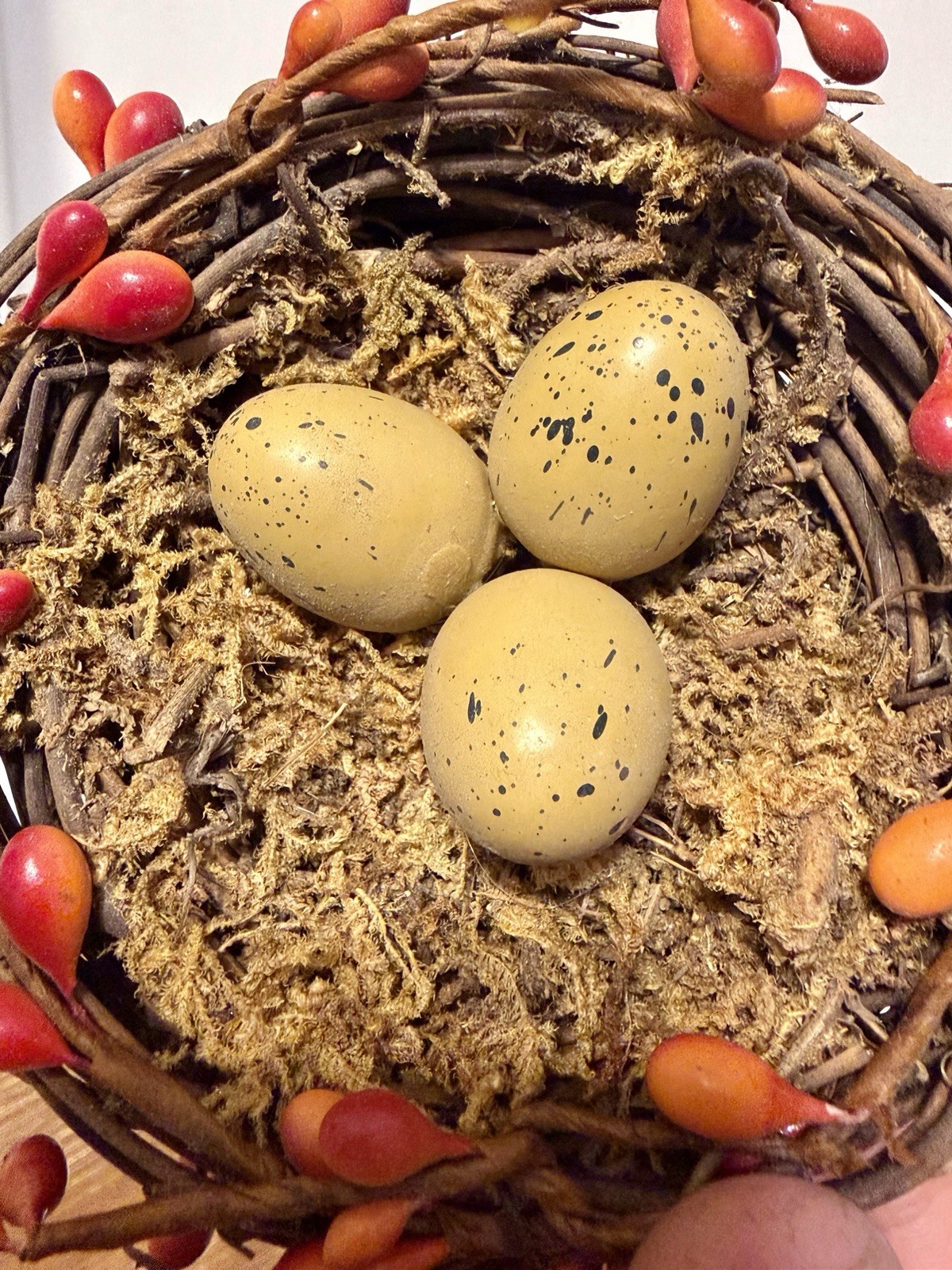 twig bird nest basket featuring faux eggs, , and moss Easter Decor Eggs Nest Vtg