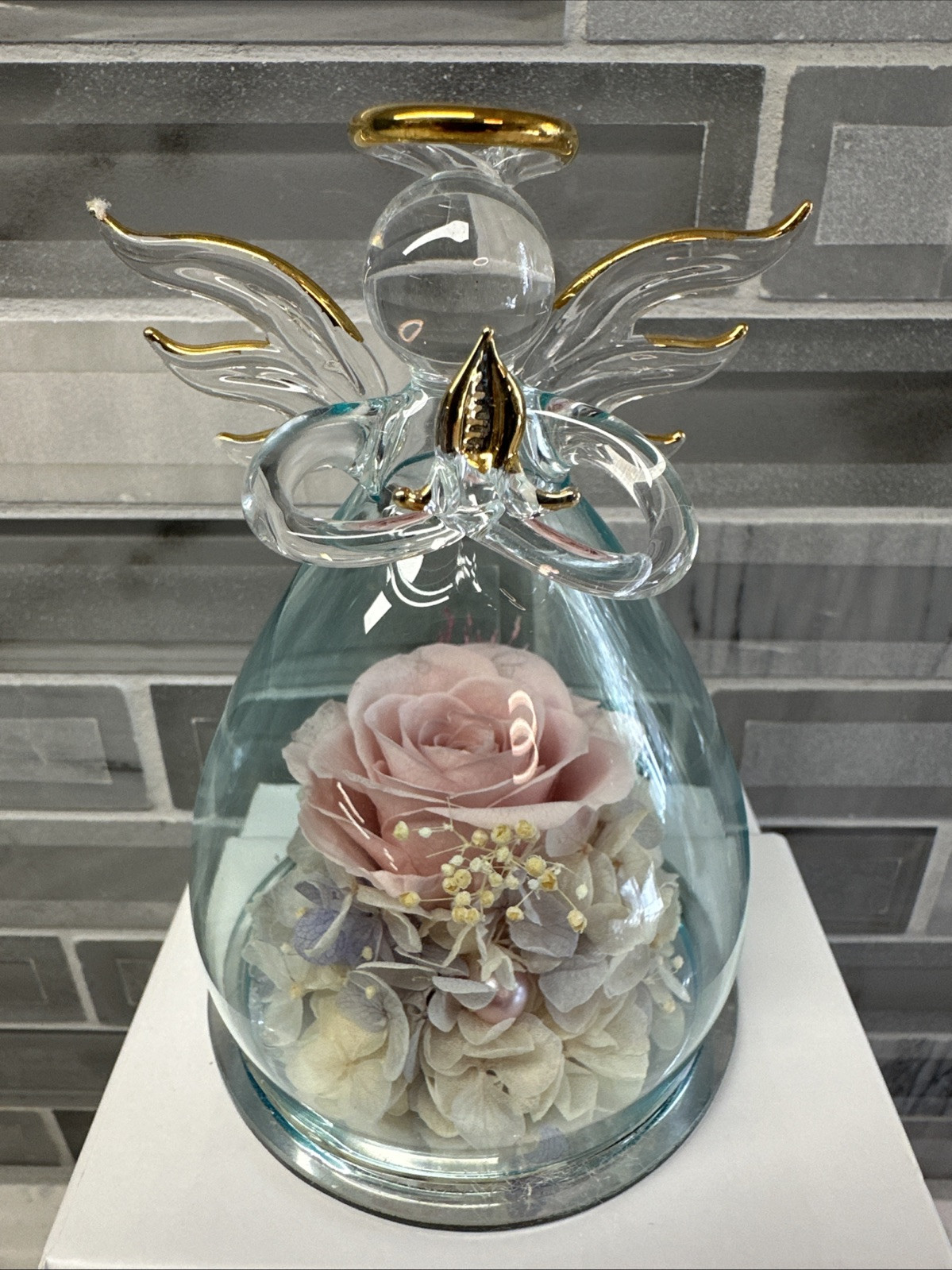 ANLUNOB Mother’s Day/Birthday Gift Glass Praying Angel w/Pink Rose Flower EUC!