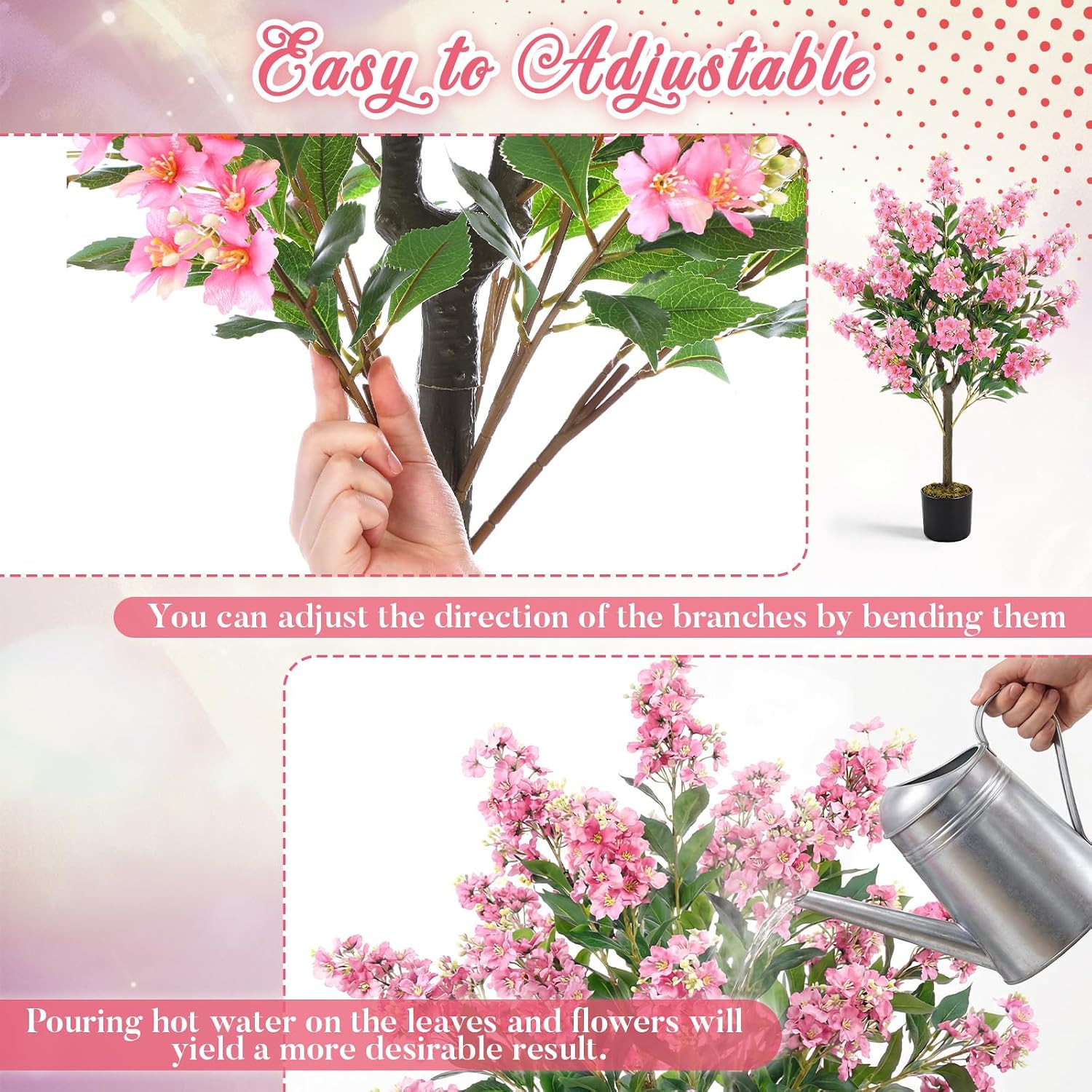 1 Pack 3.5 Ft Artificial Pink Crape Myrtle Tree Plant, 42 Inch Faux Blooming Lag