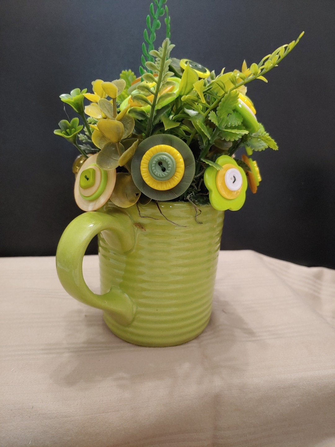 Green Yellow Button Flower Bouquet In Lime Green Coffee Mug Vintage