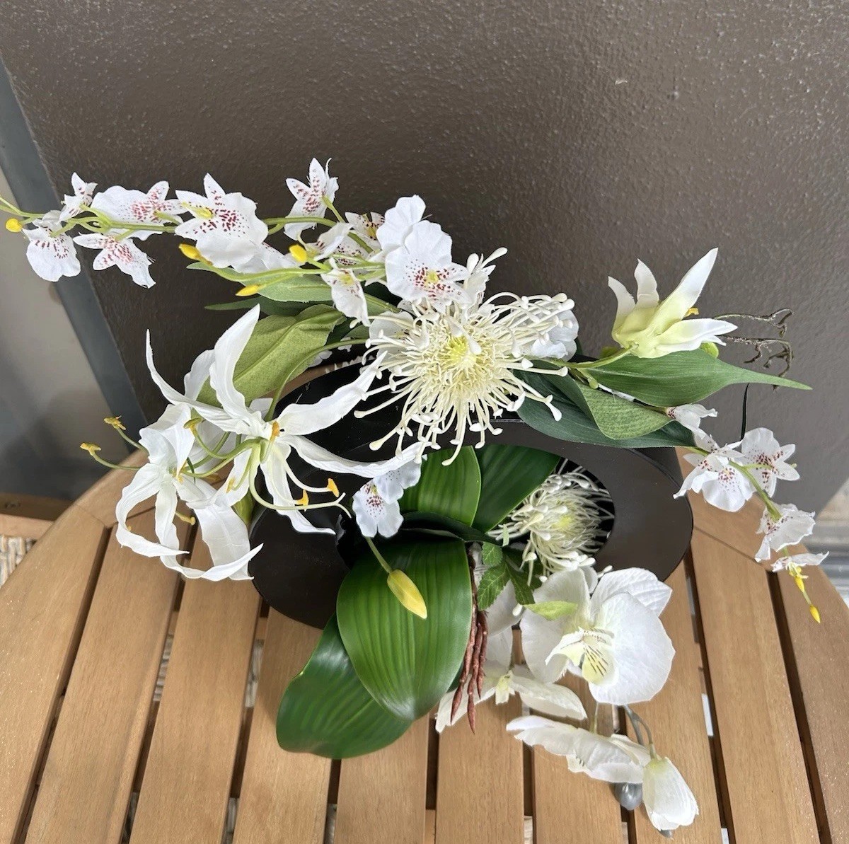 Silk Floral arrangement, centerpiece, orchids, lilies, Japanese,contemporary,