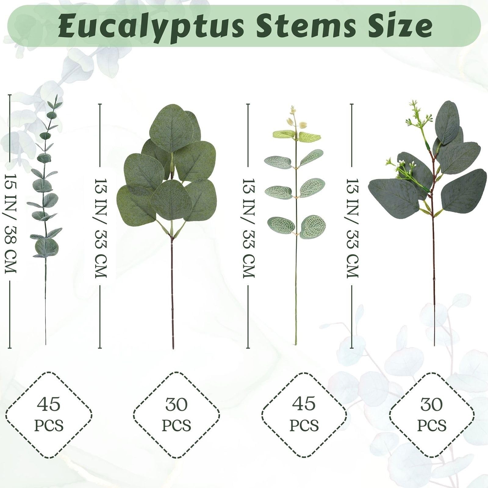Eucalyptus Leaves Stems 150 PCS, 4 Kinds Mixed Artificial Greenery Stems for
