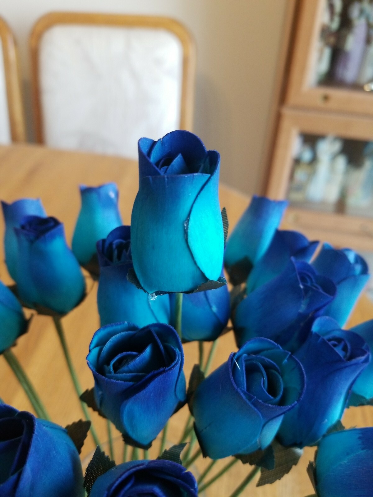 1 DOZEN – LIGHT BLUE/ BLUE WOODEN ROSE BUDS 5 X 8 ARTIFICIAL FLOWERS
