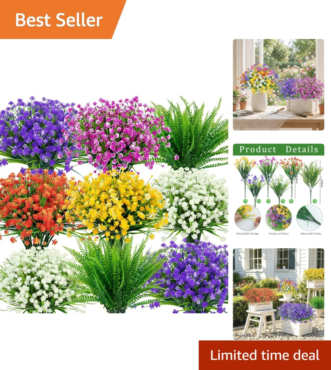 12-Bundle Mixed Color UV Resistant Artificial Flowers & Boston Ferns for Decor