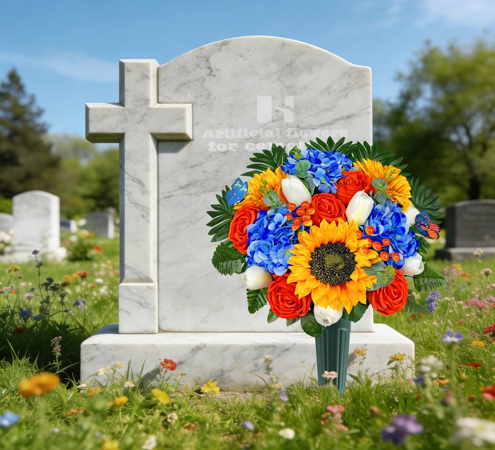 Artificial Cemetery Flowers Grave Vase Headstone Silk Arrangement Orange