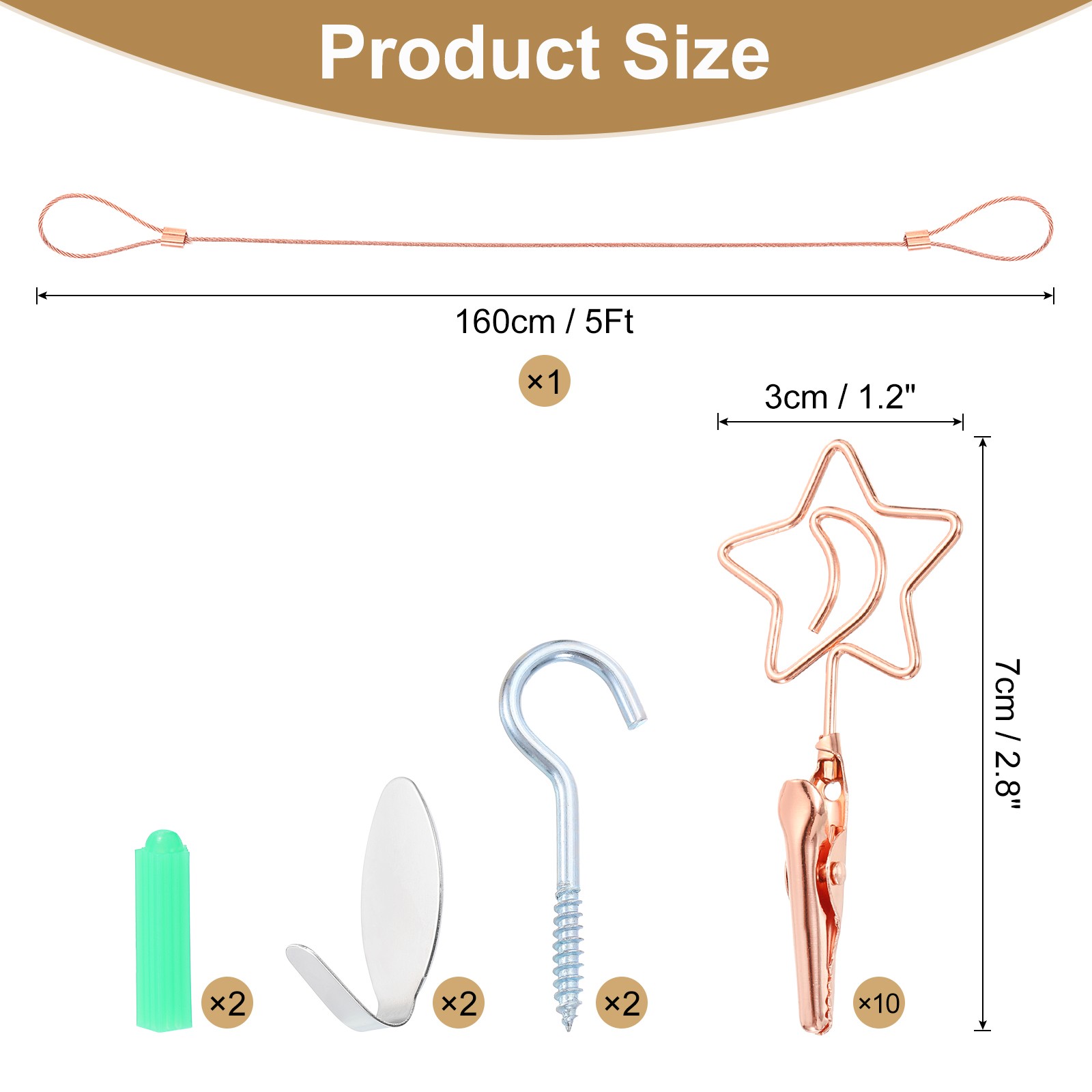 Wall Hanging Photo Display Cable Wire Rod with 10 Star Shaped Clips, Rose Gold