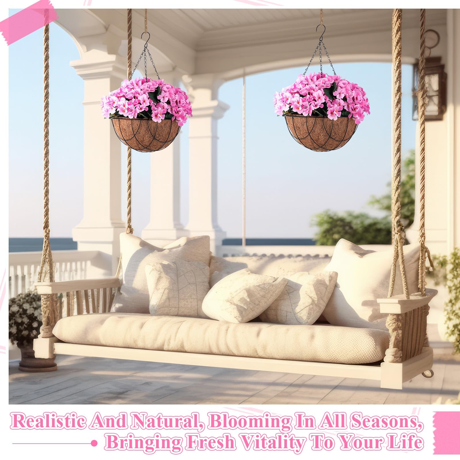 2 Pack Artificial Hanging Flowers in Basket Fake Porch Plants Artificial Hydr…