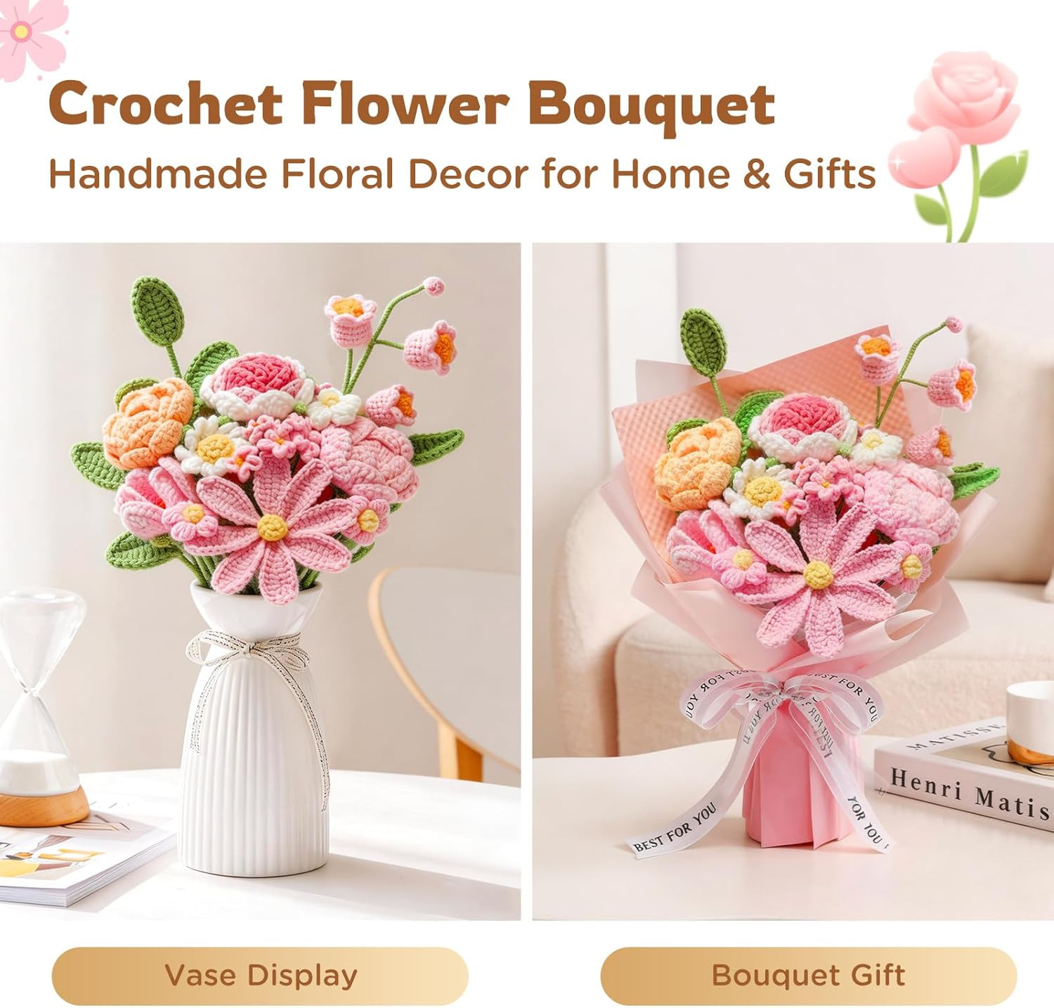 Crochet Flower Bouquet Pink, Handmade Knitted Floral, Crochet Tulips Galsang Flo