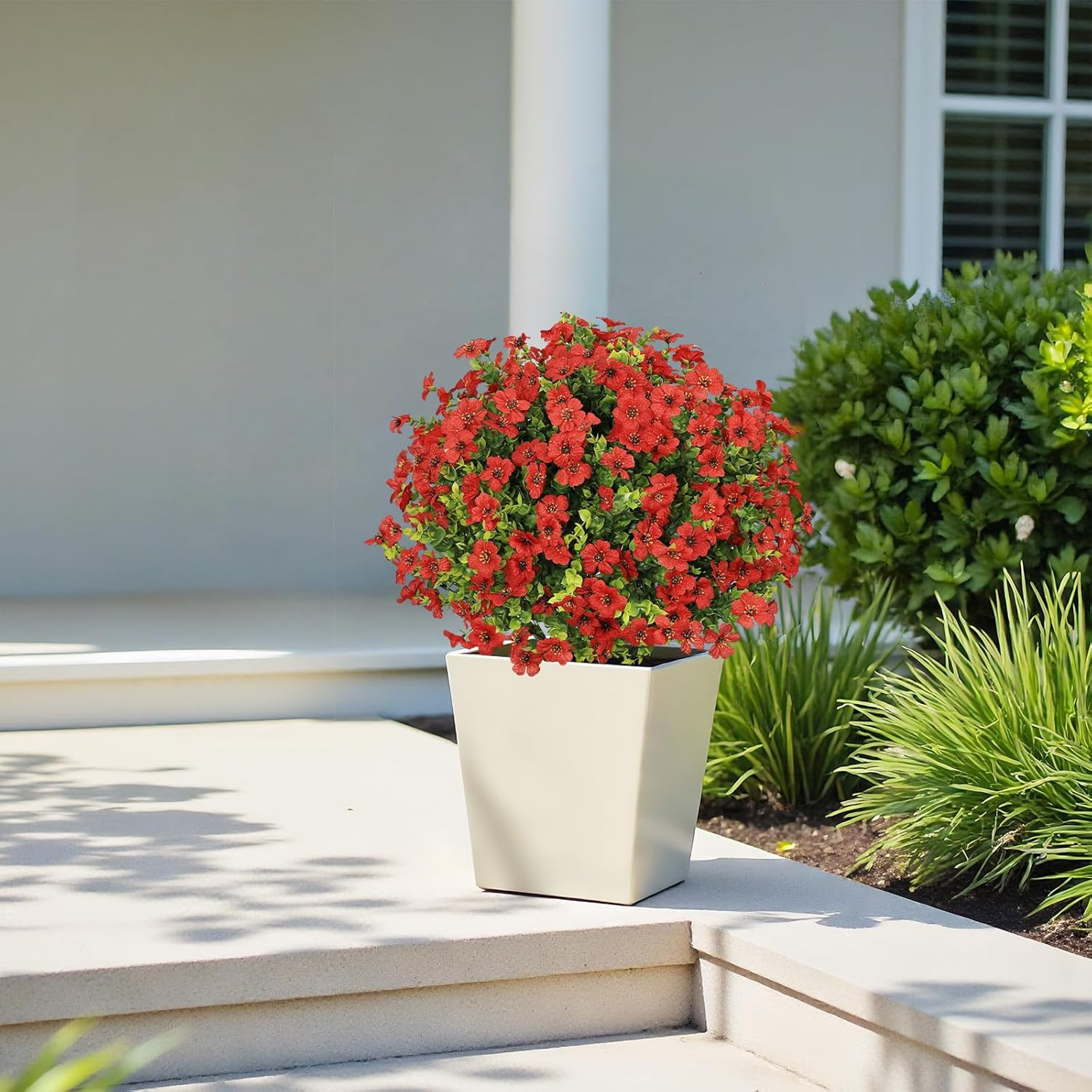 Set of 2 UV Resistant 24″ Faux Red Daisy Mums in Pots for Outdoor Decor