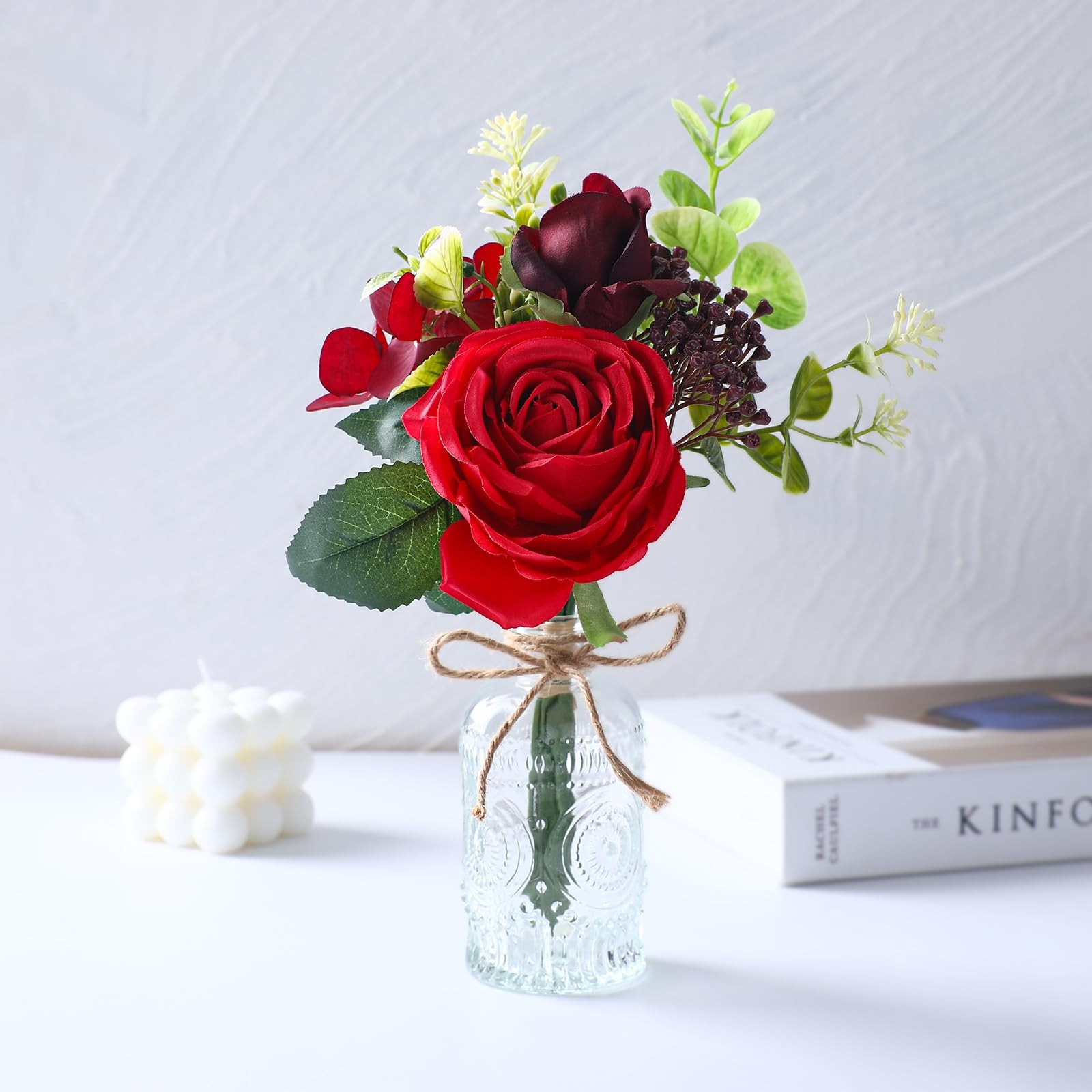 Small Red Fake Plants in Vase Artificial Silk Flower Arrangement Home Decor