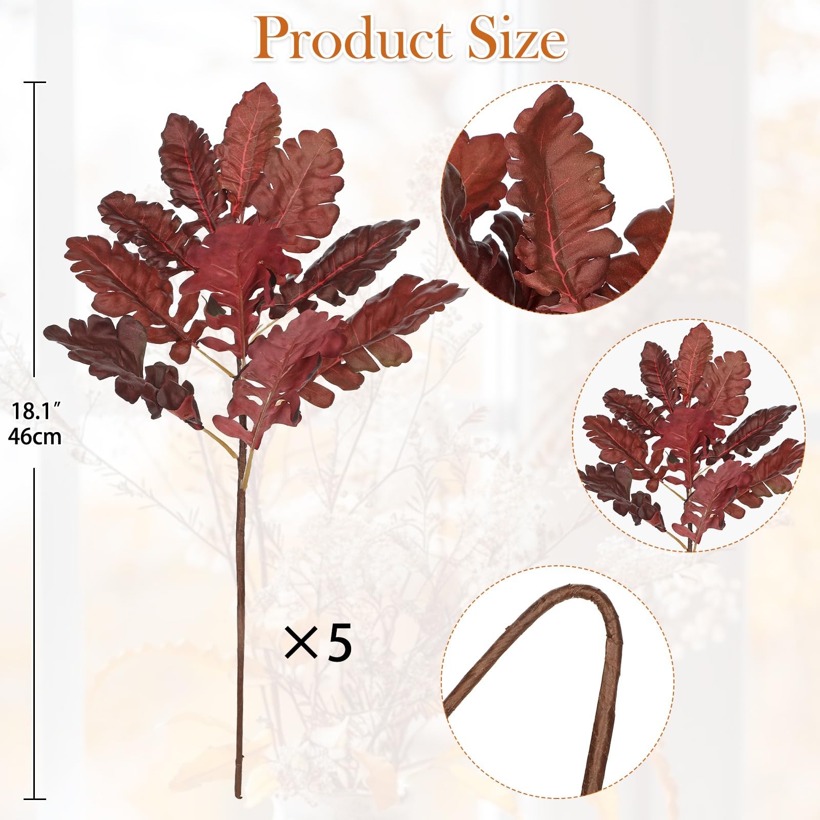 Faux Oak Leaf Branches 5 Pcs Fall Leaf Stems for Vases, 18″ Burgundy Fall Ste…