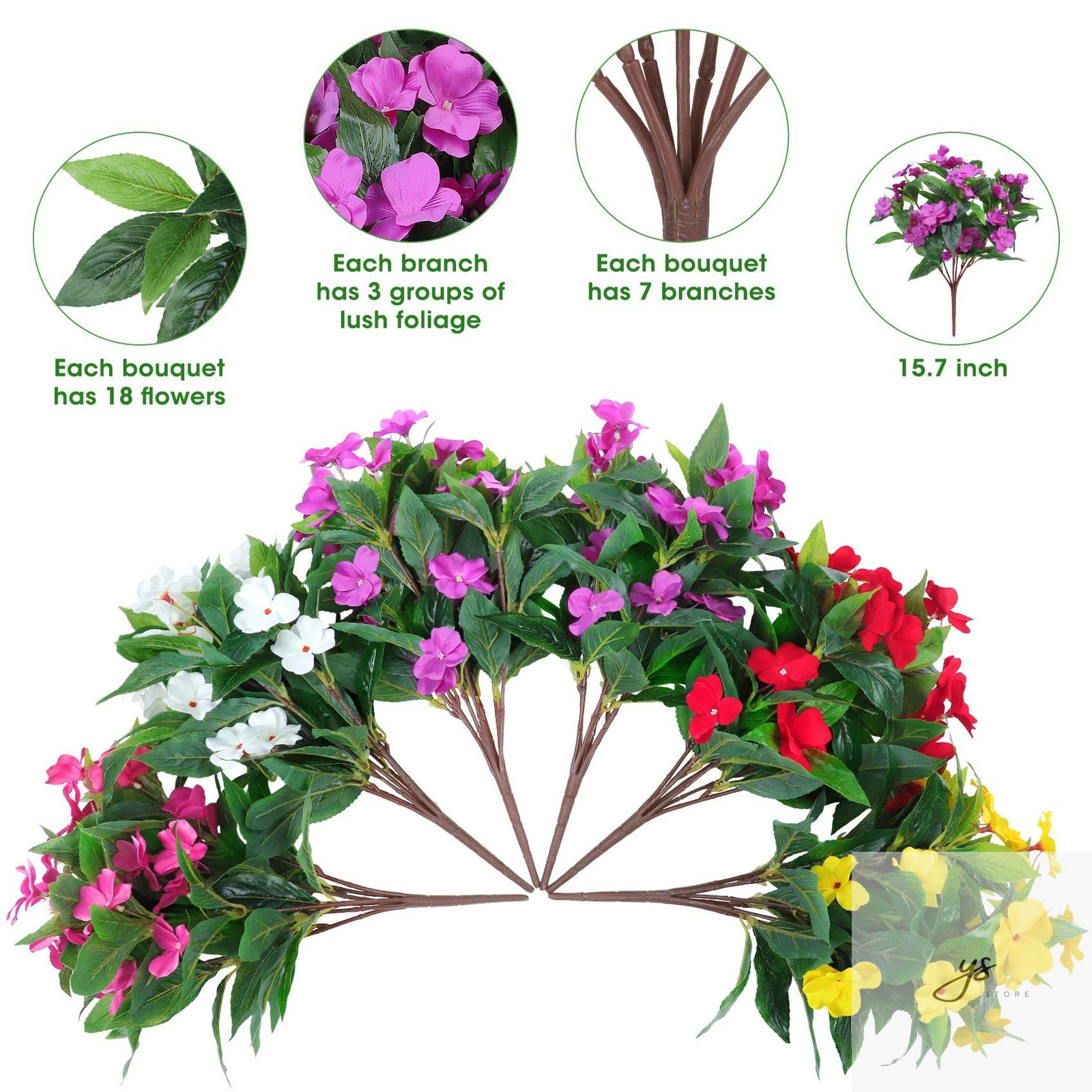 6 Bundles Artificial Impatiens Flowers for Outdoors Decoration, Silk Flowers Bou