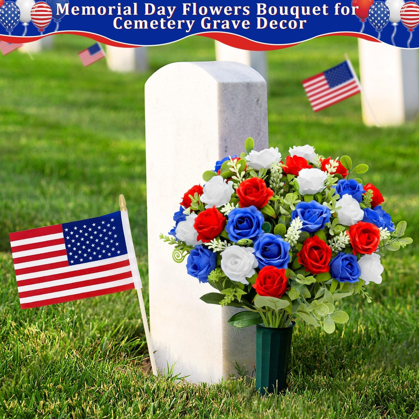4 Bouquets Artificial Red White and Blue Patriotic Flowers 4th of July Decora…
