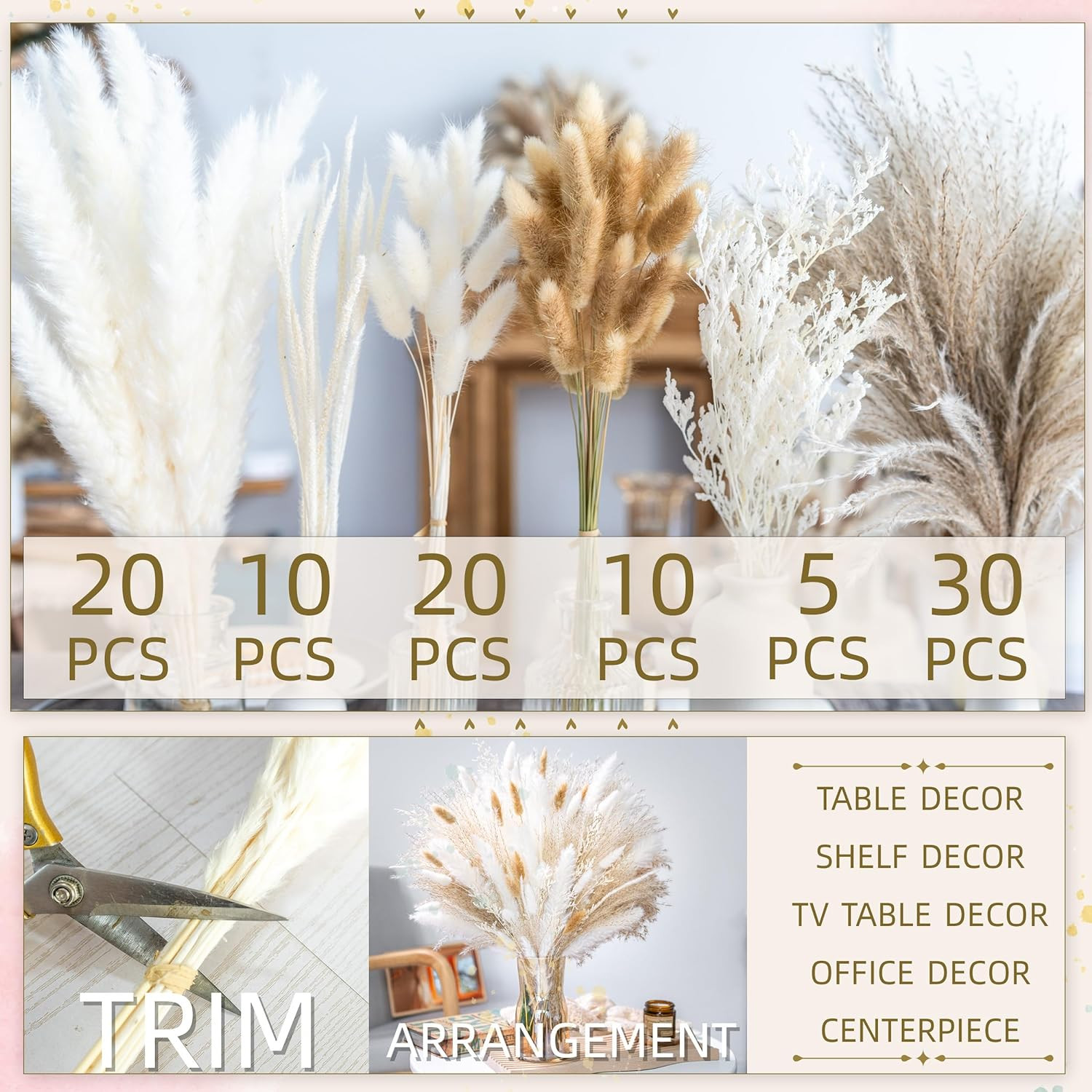 95 Pc Natural Pampas Grass Bouquet Boho Dried Centerpiece White Beige