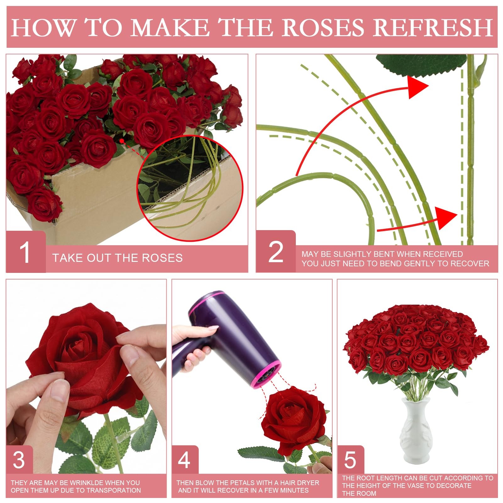 50 Pcs Artificial Roses in Bulk, Fake Silk Red Roses Realistic Roses for Wedd…