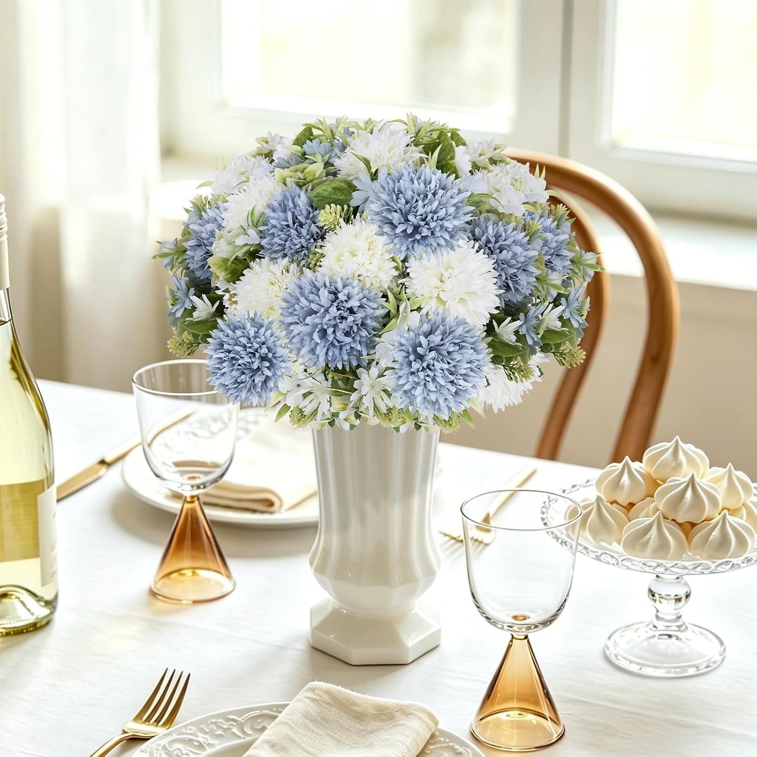 Dusty Blue & White Peony Bouquet – 6 Faux Silk Bundles for Weddings & Decor