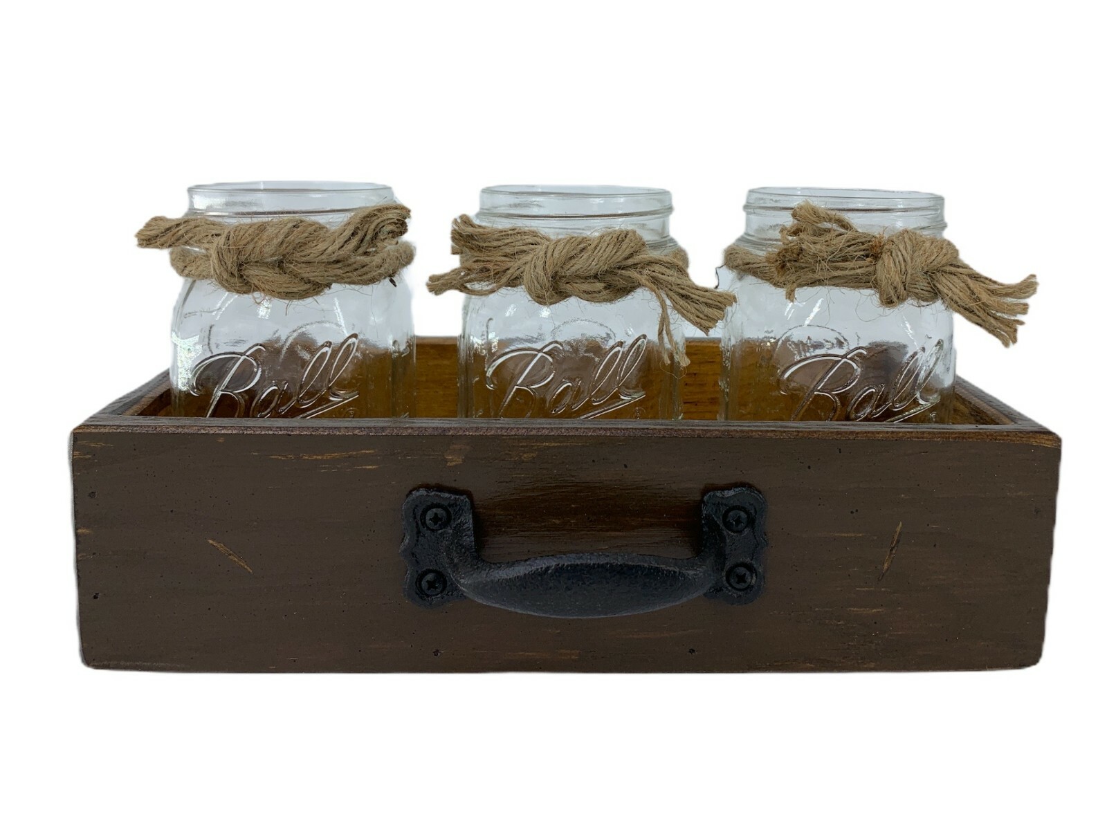 Centerpiece with 3 Mason Jars + 3 Flowers + Handmade Wood Drawer BROWN