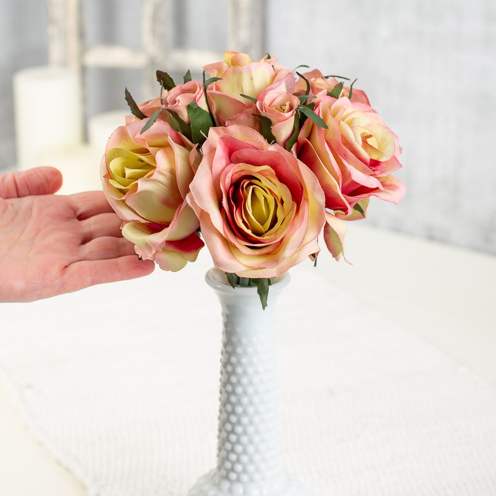 Apricot and Pink Artificial Silk Nosegay Rose Bunch Bouquet