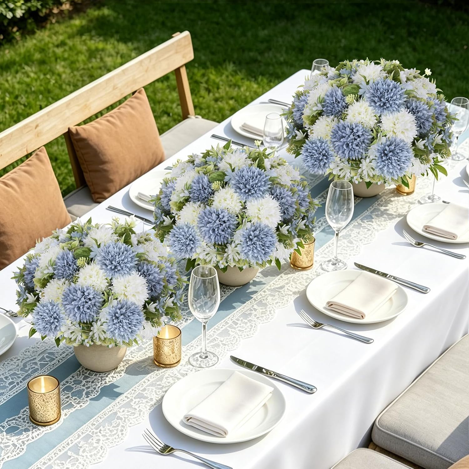 Dusty Blue & White Peony Bouquet – 6 Faux Silk Bundles for Weddings & Decor