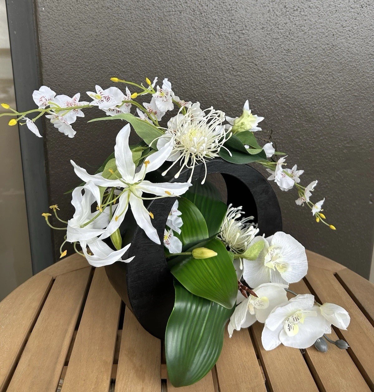Silk Floral arrangement, centerpiece, orchids, lilies, Japanese,contemporary,