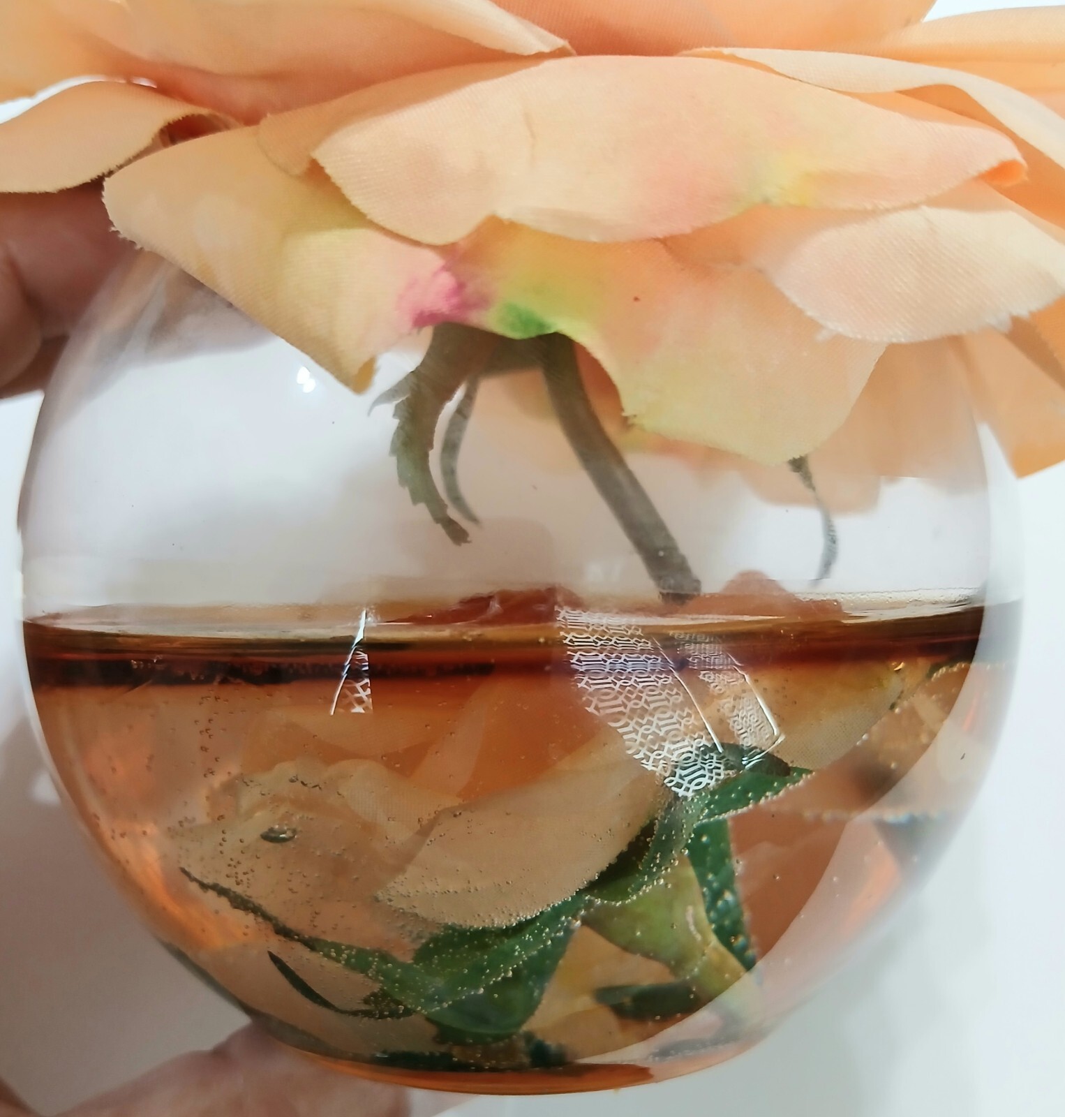 Vintage Peach Color Silk Flower Artificial  w/ Resin in Glass Bowl 5″