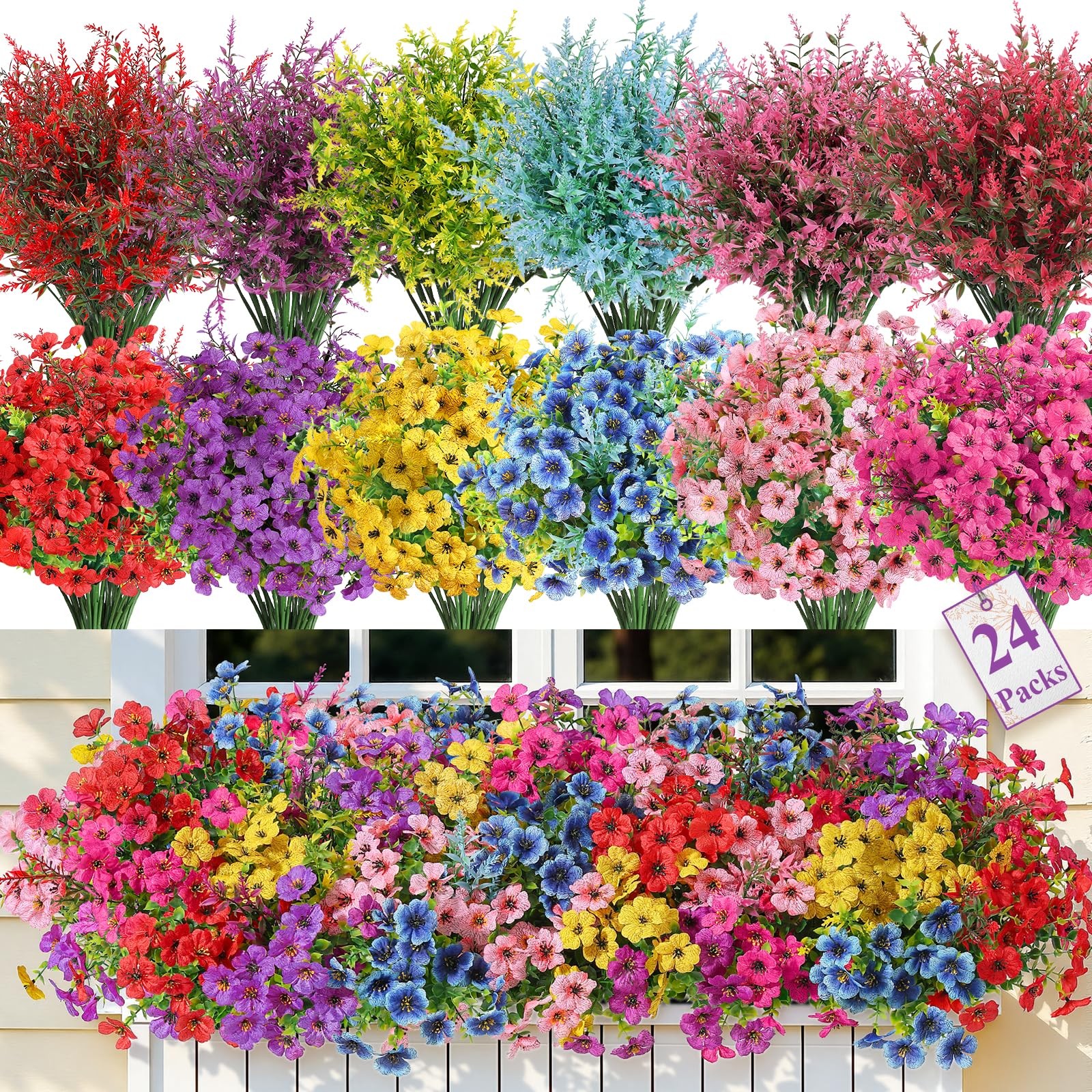 24 Bundles Artificial Flowers for Outdoors UV Resistant Decor