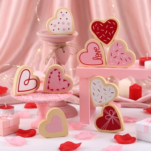 9 Pcs Valentine’s Day Wooden Heart Signs Valentines Tiered Tray Decor 6 Cookie
