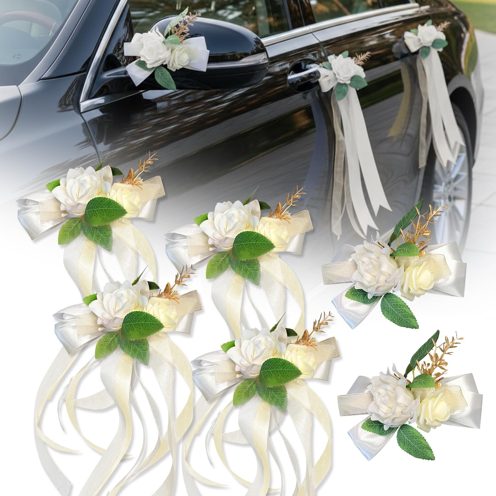6 PCS Ivory White Rose Wedding Car Decor Kit Floral Door Mirror Bows White