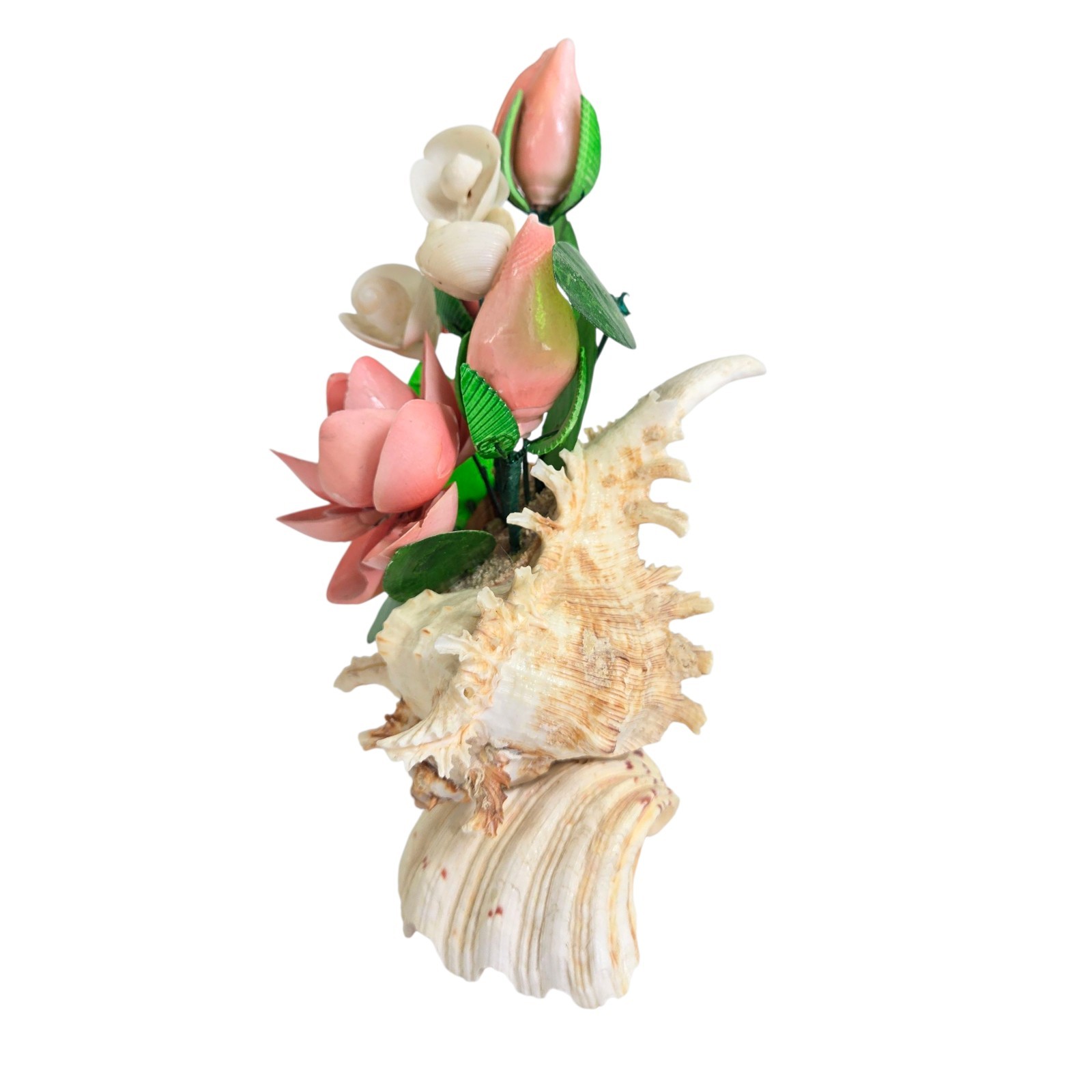 Vintage Seashell Flower Arrangement Pink Green Bouquet Decor Tropical Cottage