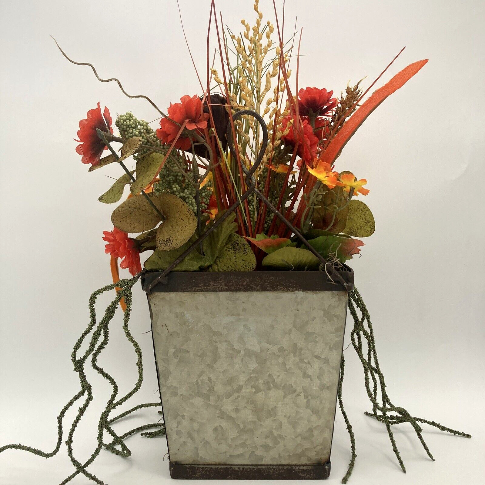 Artificial Flower Arrangement In Metal Wall Pocket Lotus Pod White Pumpkin