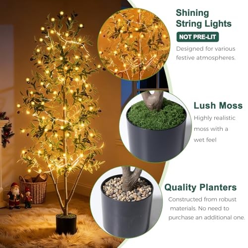 Olive Trees Artificial Indoor, 6FT Tall Faux Olive Tree with Light Kit Moss 6ft