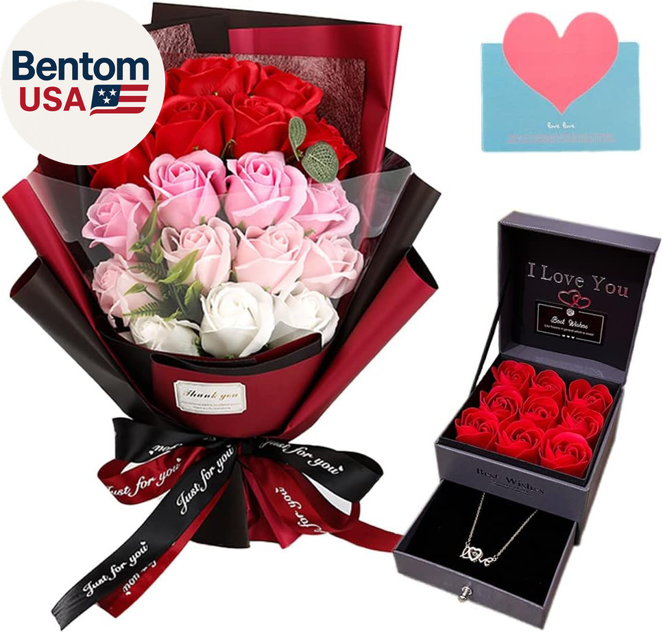 Roses Bouquet Artificial Flower – Preserved Red Rose Flowers with Love Necklace