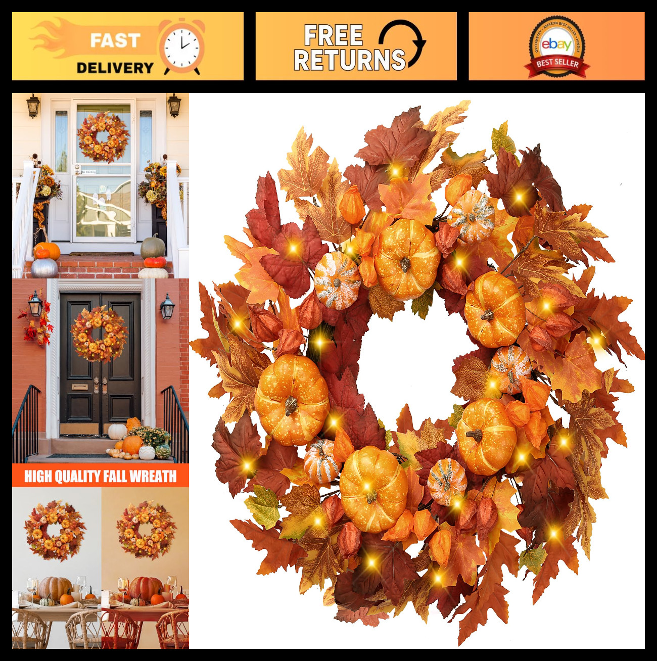 Autumn Wreath 21″ – Artificial Fall Decor with Pumpkins, Maple Leaves & Lanterns