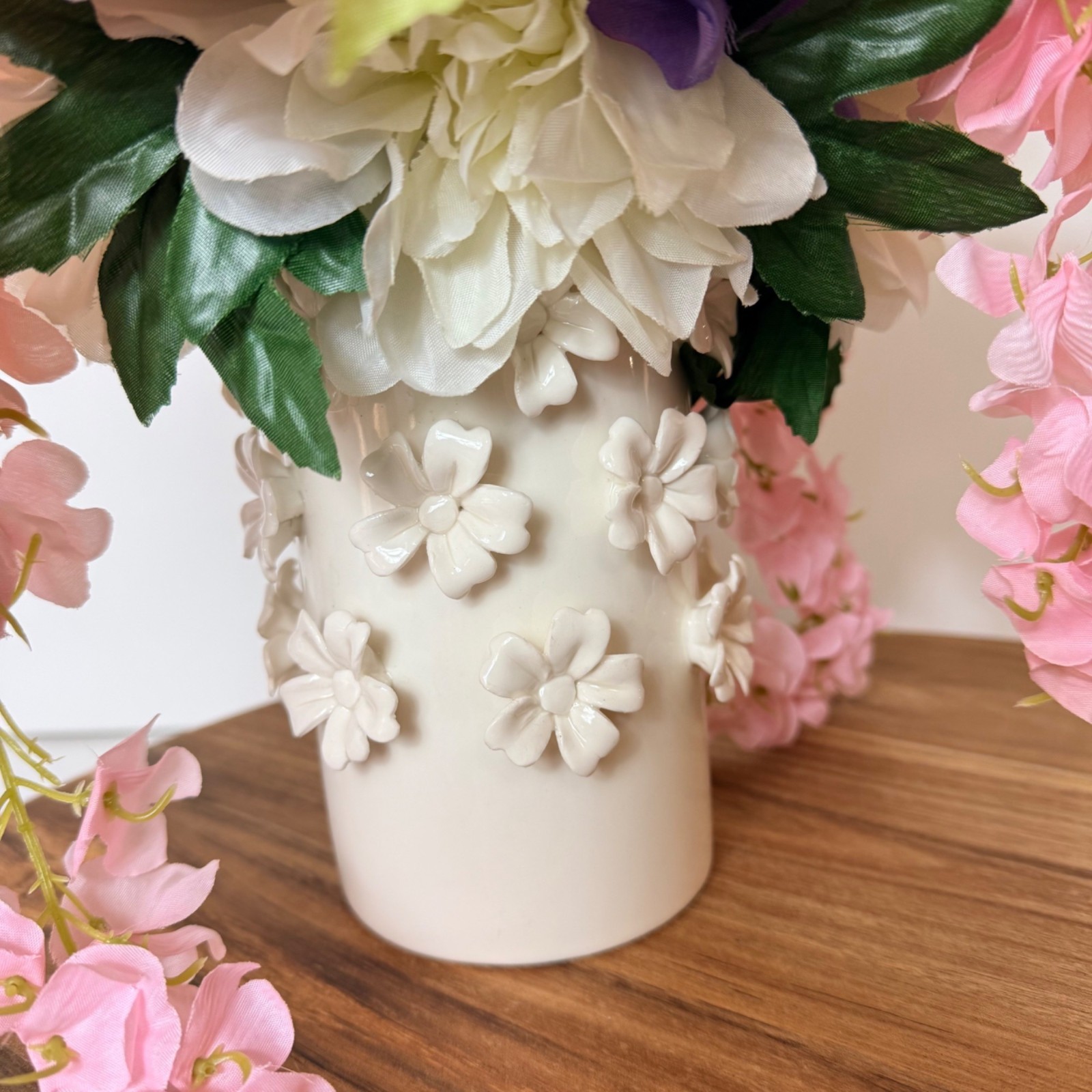 Pink Silk Floral Arrangement White Daisy Ceramic Vase Hydrangea Dahlia Decor
