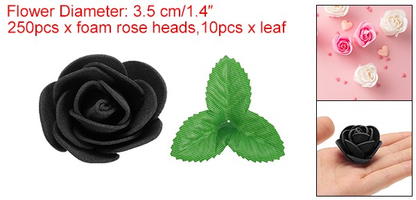 250pcs Foam Rose Heads 1.4 Inch with 10pcs Leaves Black